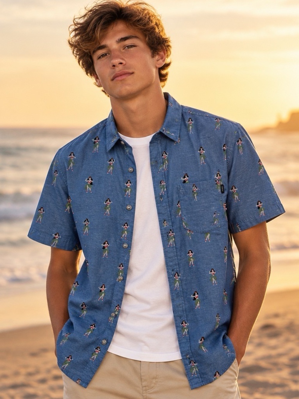 Rip Curl Men’s Blue Hula Girl Hawaiian Short Sleeve Button Down Shirt S